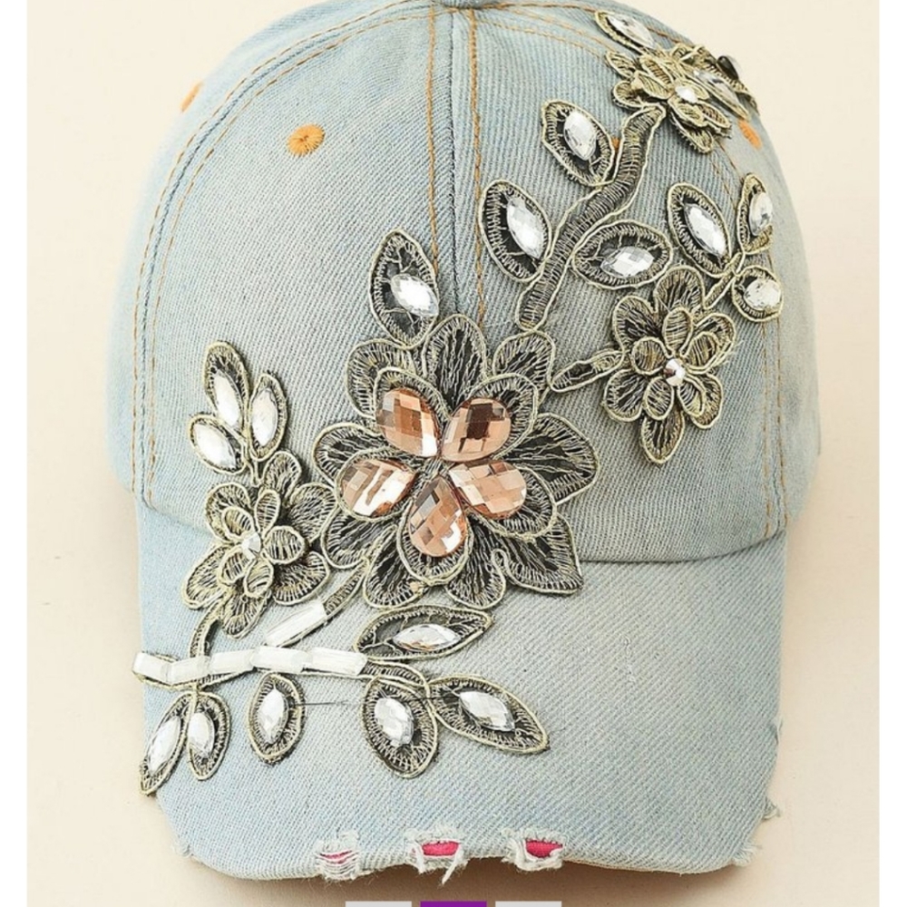 H.O.P.E. Blue Floral & Rhinestone Baseball Hat - Picture 2 of 11